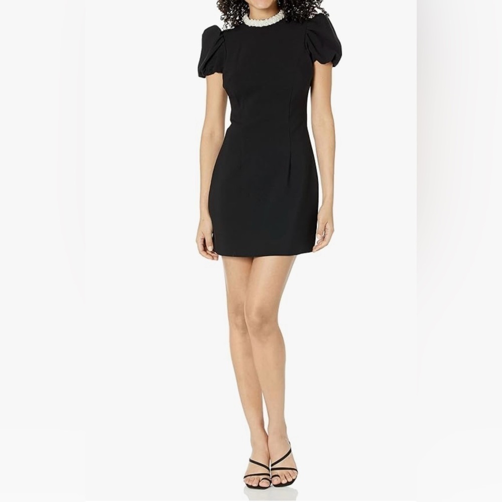 Likely Bonnie black Short Puff Sleeve Mini Dress Pearl Neck Line Open BACK NWT 4